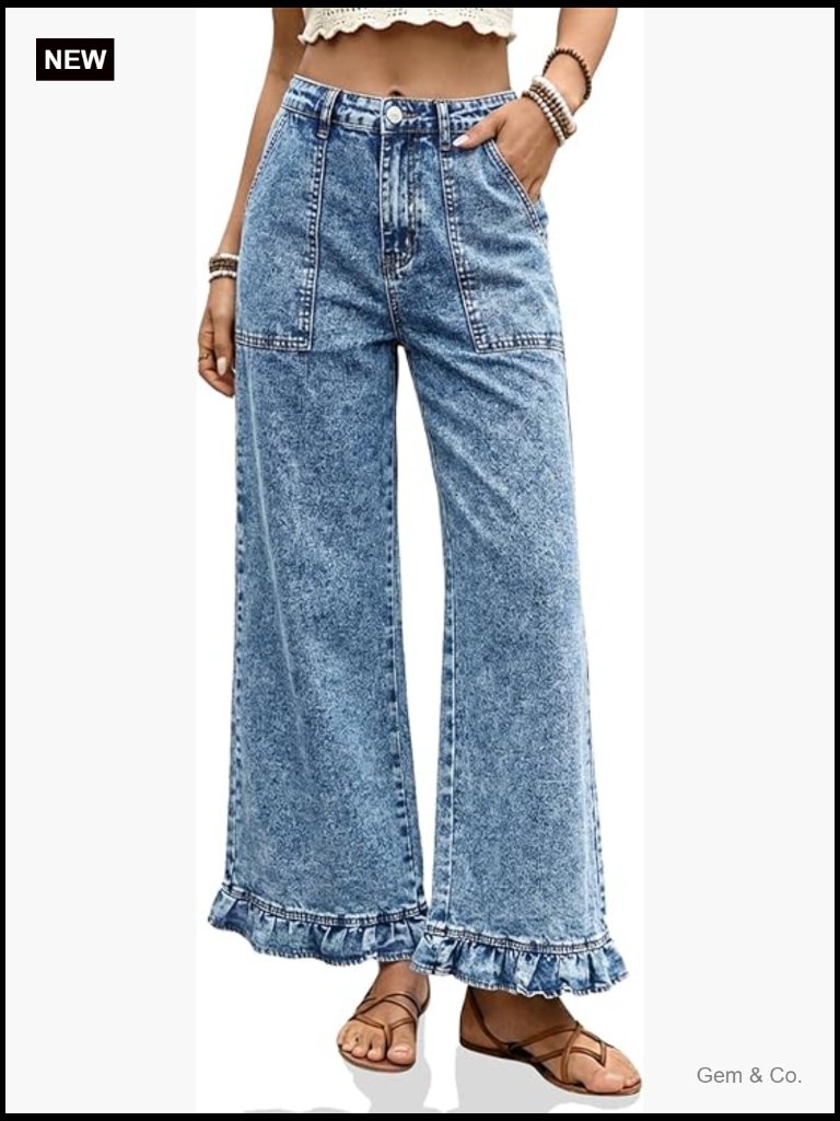 High Waisted Wide Leg Cropped Jeans With Ruffle Hem And Pockets